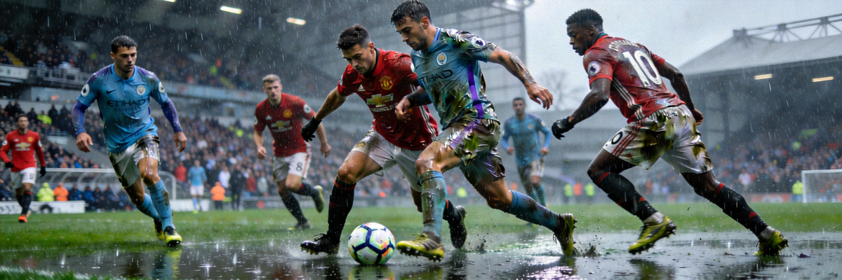 英超曼市德比激烈拼抢，球员在雨中争球