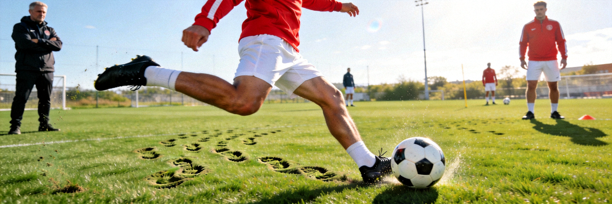 足球运动员在训练中练习射门技巧